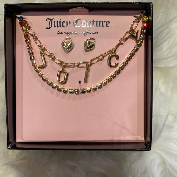 Juicy Couture Stud Heart Earrings and Rainbow Rhinestone Layer Necklace Set NWT - Picture 2 of 3